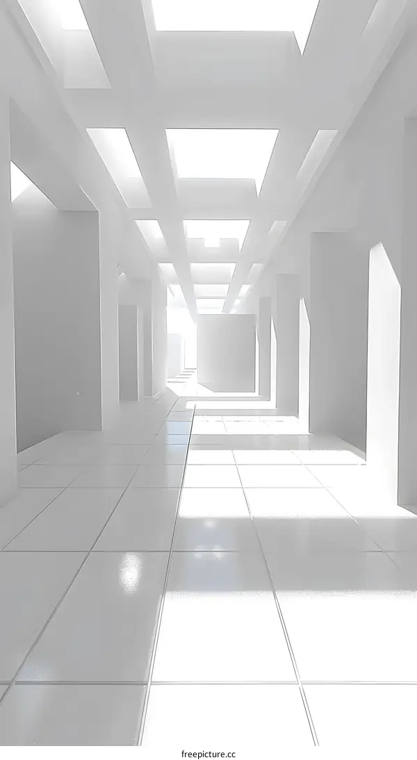 Abstract White Hallway with Geometric Ceiling