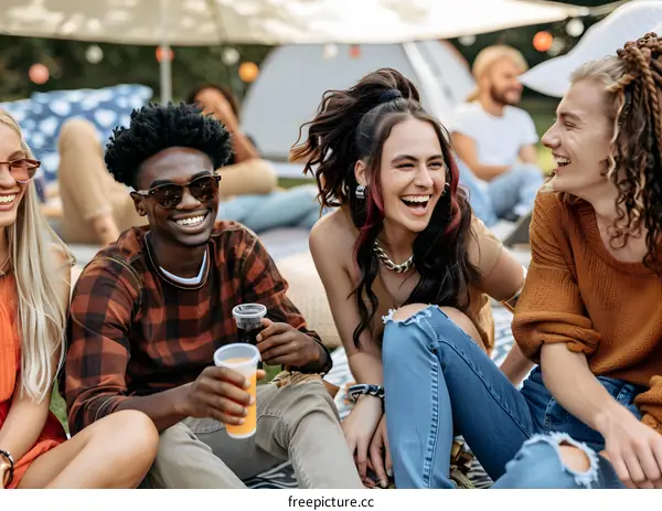 Happy Friends Enjoying Time Together at a Festival