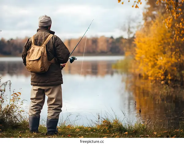 Man Fishing by the Lake in Autumn