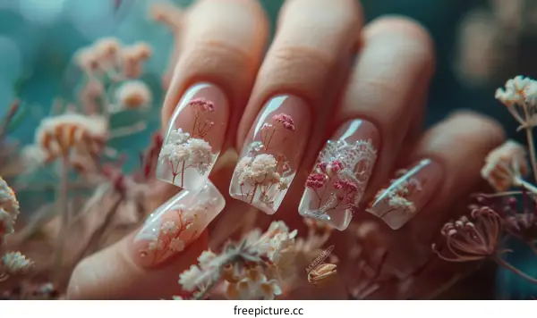Close-up of a hand with a flower design on the nails
