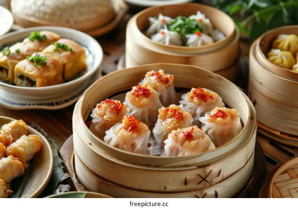 A variety of dim sum dishes including shumai, xiao long bao, and spring rolls
