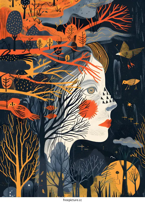 Abstract Woman Illustration with a Forest Landscape
