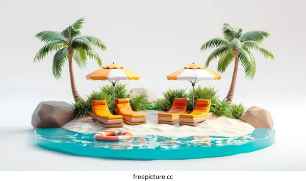 3D rendering of a tropical island with palm trees, beach chairs, and a life ring