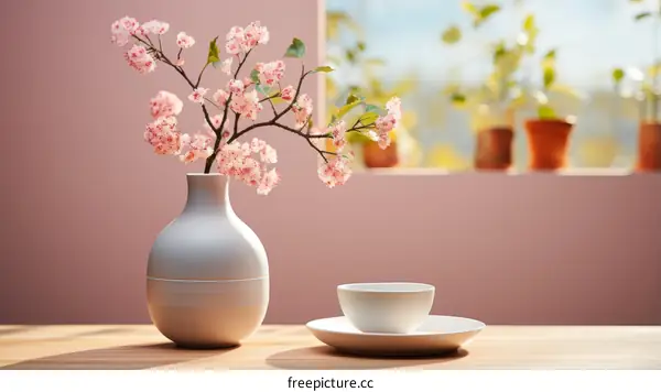 A Charming Pink Cherry Blossom Still Life with Cup and Saucer on Wooden Table