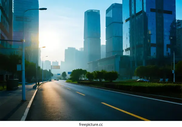 Sunlit urban road with modern skyscrapers in the background