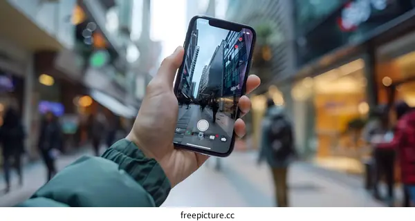 Hand Holding Smartphone Capturing Cityscape in Vertical View