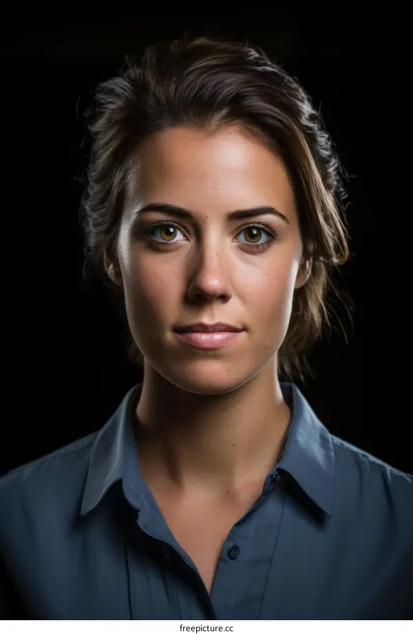 Portrait of a young woman with brown hair and green eyes