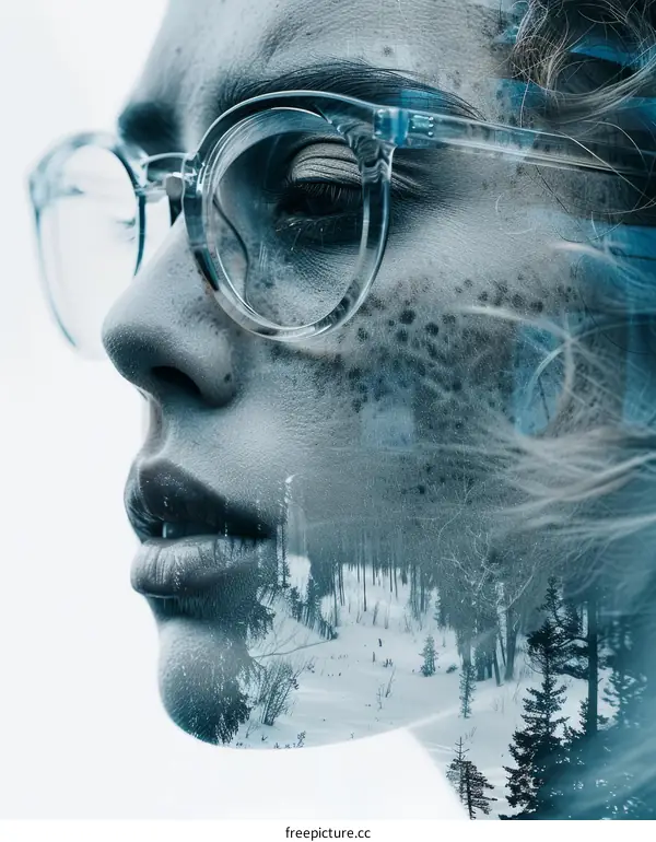 Portrait of a Woman with Glasses and a Snowy Forest