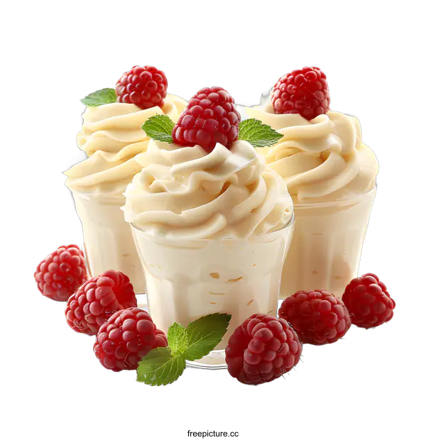 [Transparent Background PNG]Dessert cups with raspberries and mint
