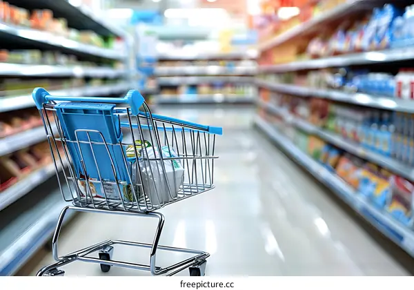 Shopping Cart in Supermarket Aisle with Blurred Background