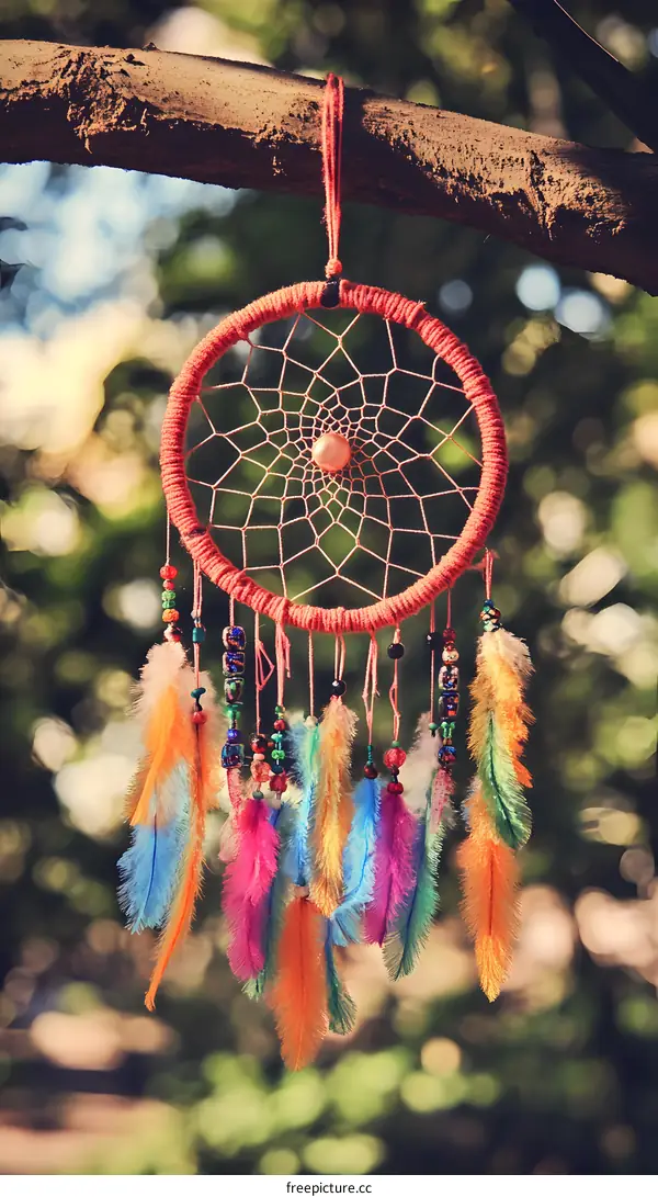 Colorful Dreamcatcher Hanging On A Tree Branch