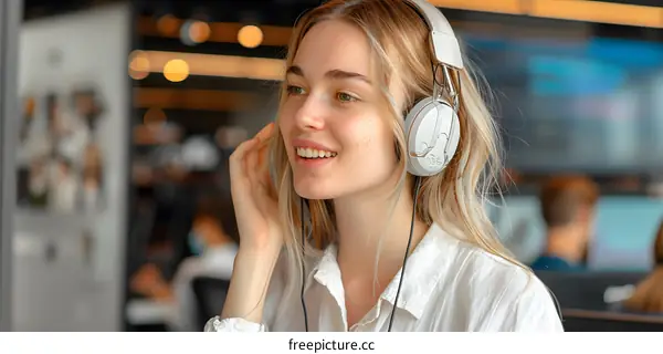 Smiling Young Woman Wearing Headphones and Listening to Music
