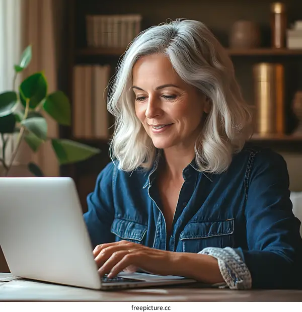 Smiling Woman Working on Laptop at Home