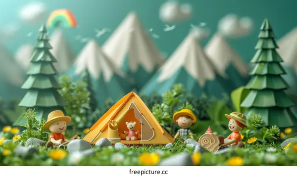 three friends camping in the mountains