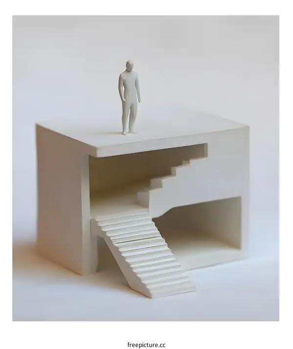 White Miniature Building Model with Stairs and a Single Figure