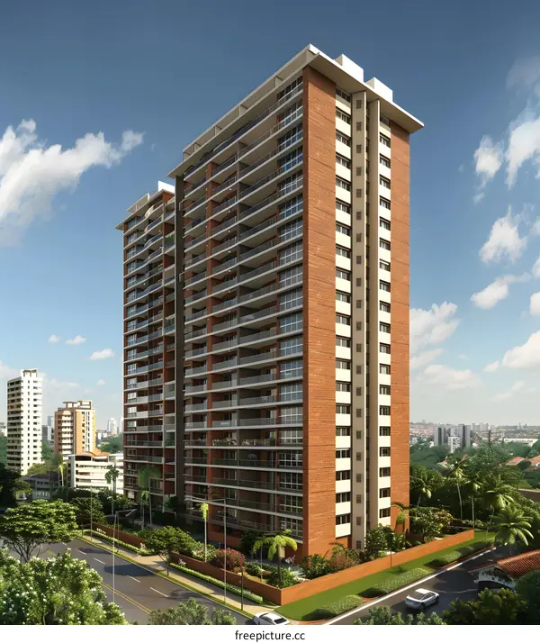 A residential building with a brick facade and large windows