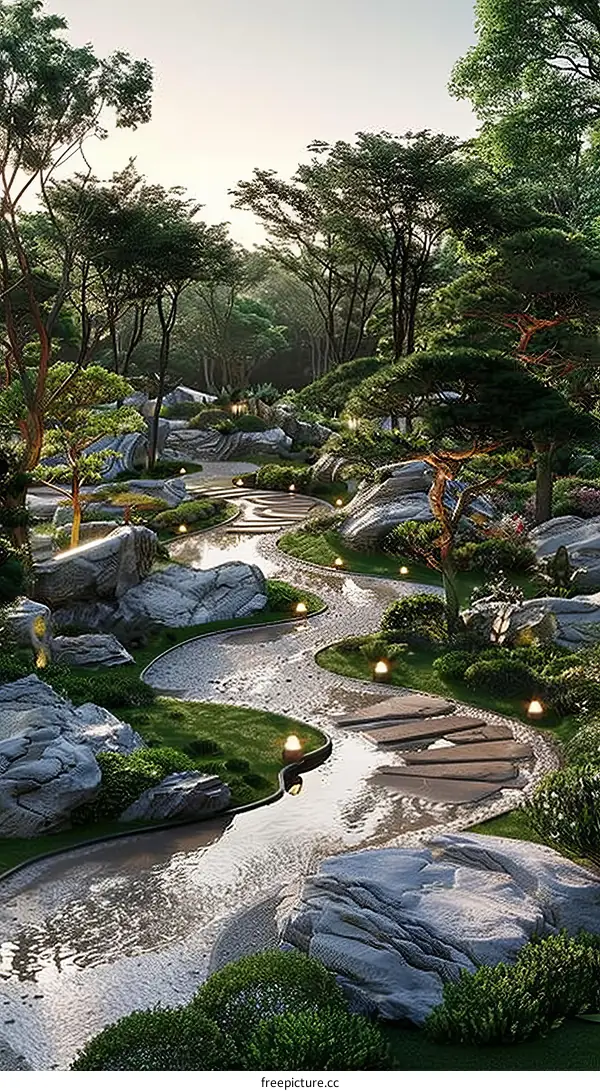 Landscaping with Large Rocks and Winding Creek