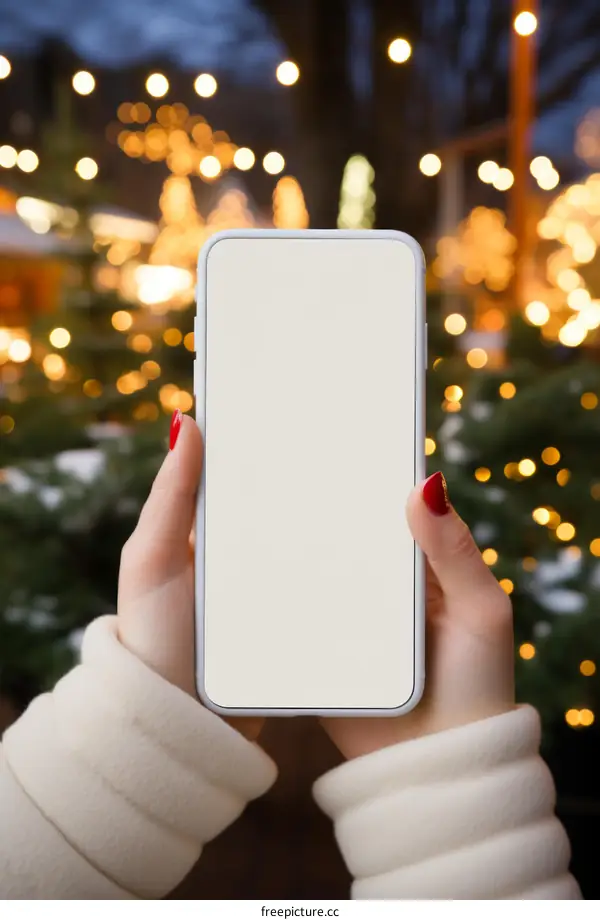 Caucasian woman holding a smartphone in her hands against the background of Christmas lights