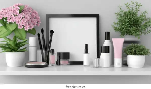 Cosmetic Products Display on Shelf with Plants and Frame