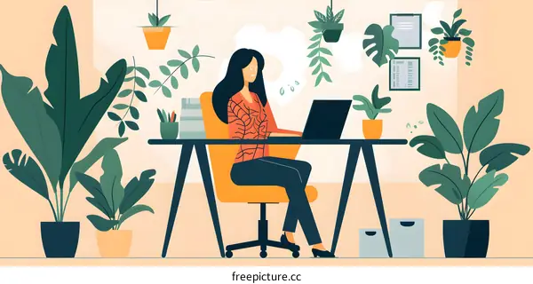 Woman Working on a Laptop in a Home Office with Plants