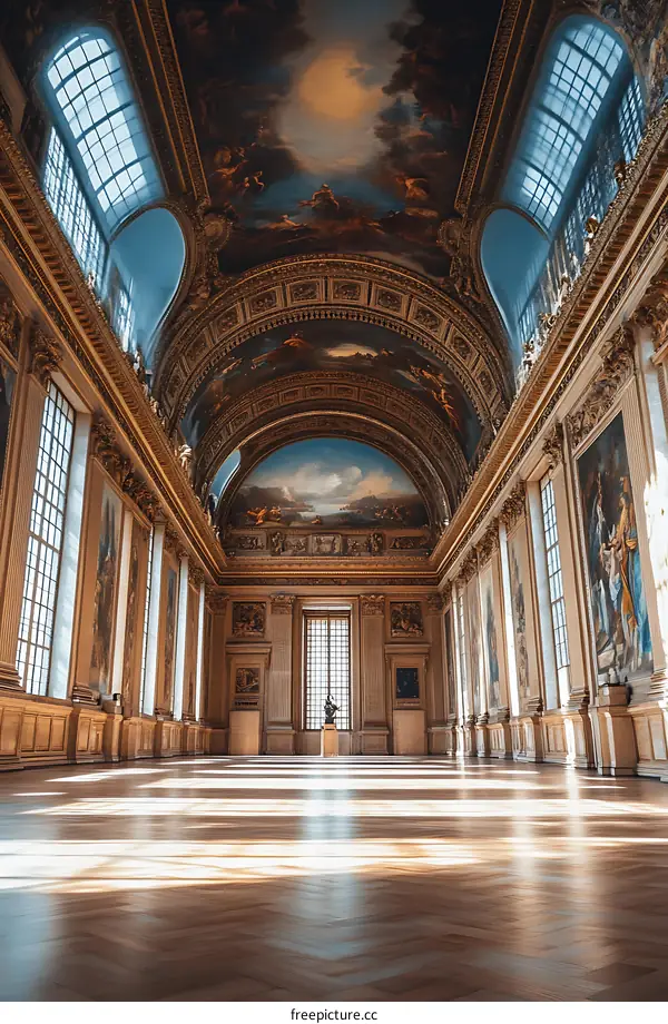 Grand Hallway with Ornate Ceiling and Paintings in the Palace of Versailles