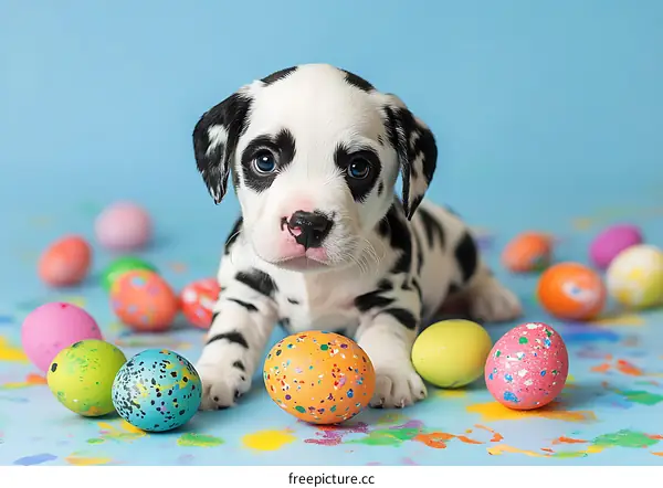 Cute Dalmatian Puppy with Easter Eggs