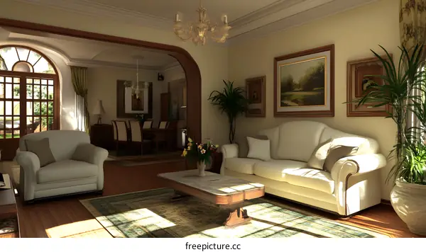 Luxury Living Room Interior Design with Beige Sofa and Chandelier