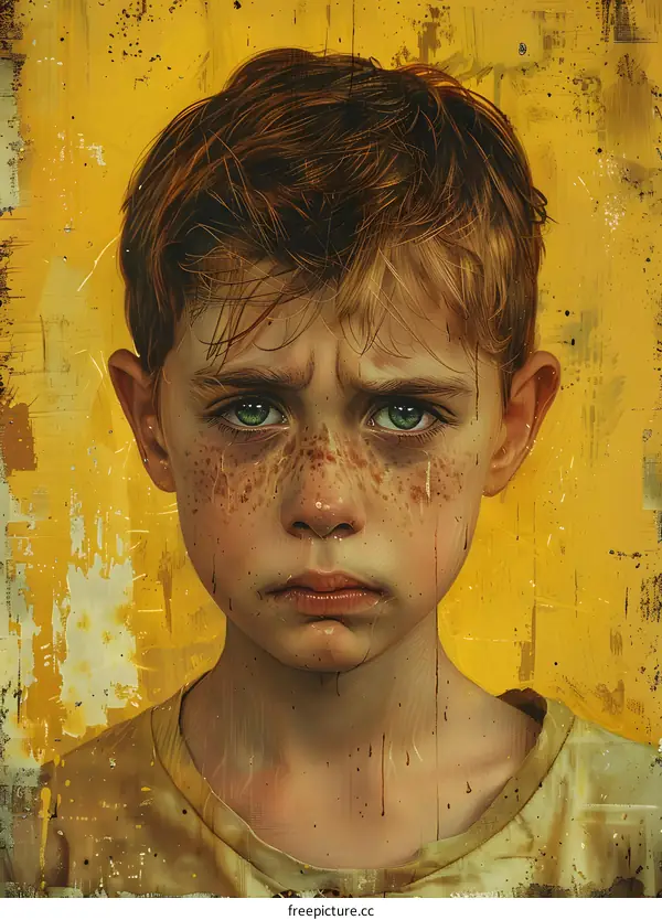 Portrait of a Sad Boy with Freckles on a Yellow Background