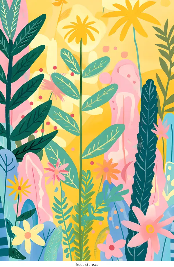 Yellow Background Floral Illustration with Green and Pink Flowers