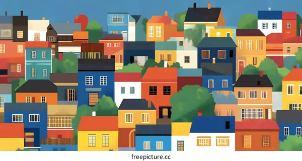 Colorful Houses Illustration,  Modern Style Urban Landscape,  Cityscape with Windows and Doors