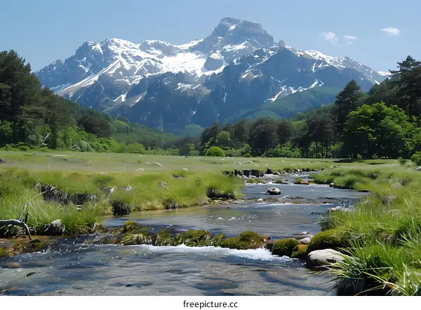 Mountain Stream With Snow Covered Peak And Green Valley