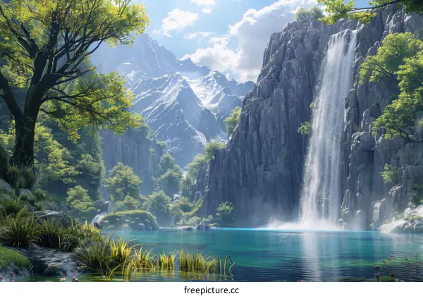 Fantasy landscape with waterfalls and mountains