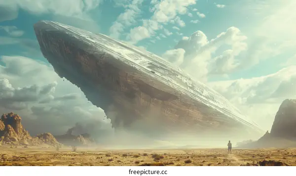 A spaceship hovers over a desert landscape