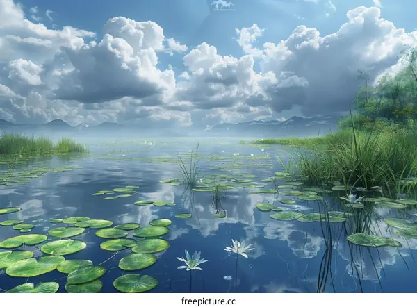 Serene Lakeside Landscape Illustration