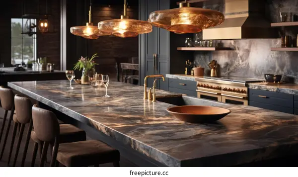 Modern kitchen design with dark marble countertops and wood accents