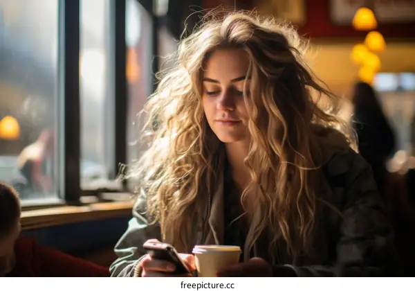 Young woman sitting by the window looking at her phone