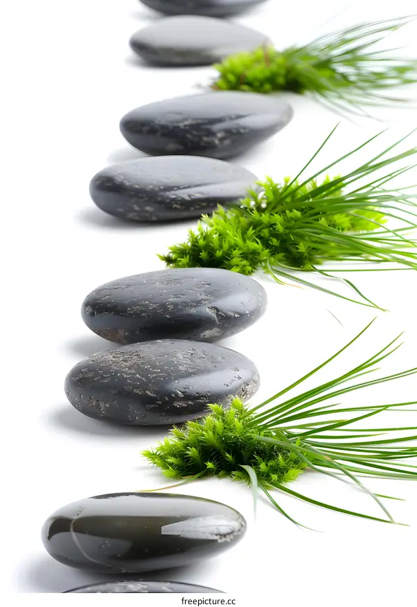 Spa Stones with Green Plants on White Background