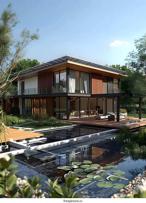 The modern house with solar panels and a pool