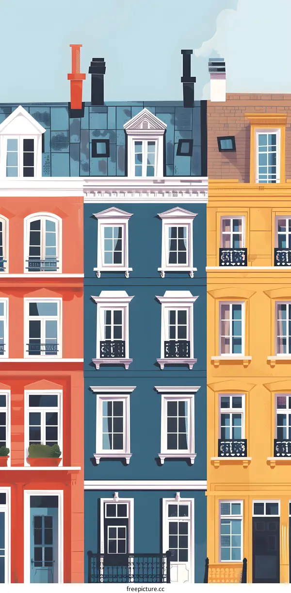 Colorful Row Houses With Windows and Chimneys