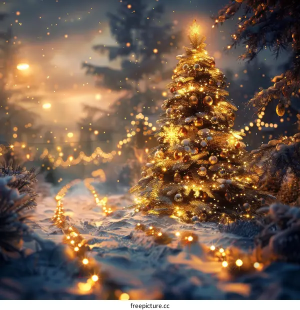 Christmas tree in the snow forest