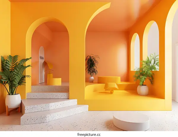 3D rendering of an empty room with yellow walls and arches