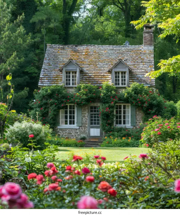 Charming Stone Cottage with a Blooming Flower Garden