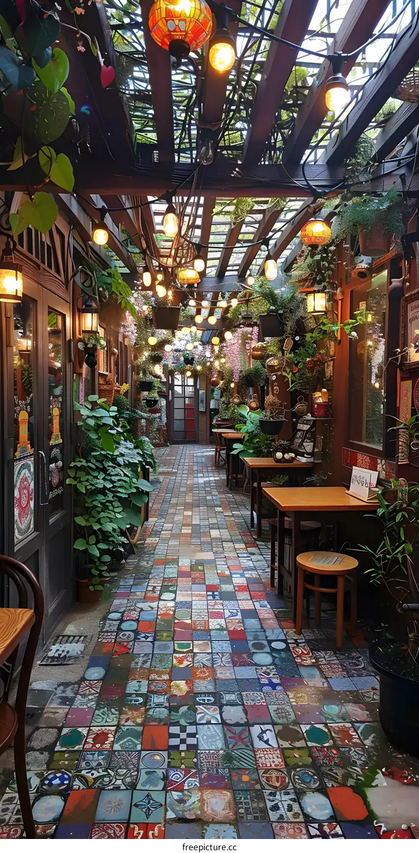 A beautiful mosaic walkway covered by a pergola with hanging plants and colorful lights