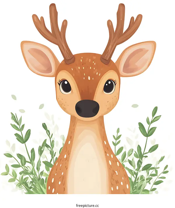Cute Cartoon Deer with Antlers and Green Leaves