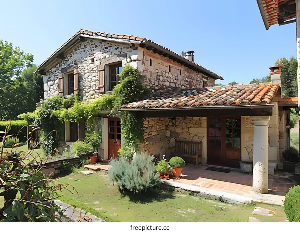 Stone house in the countryside with a beautiful garden