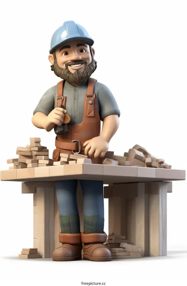 Carpenter in blue uniform smiling while working with wood on a workbench