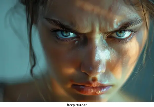 Portrait of an intense young woman with blue eyes and wet face