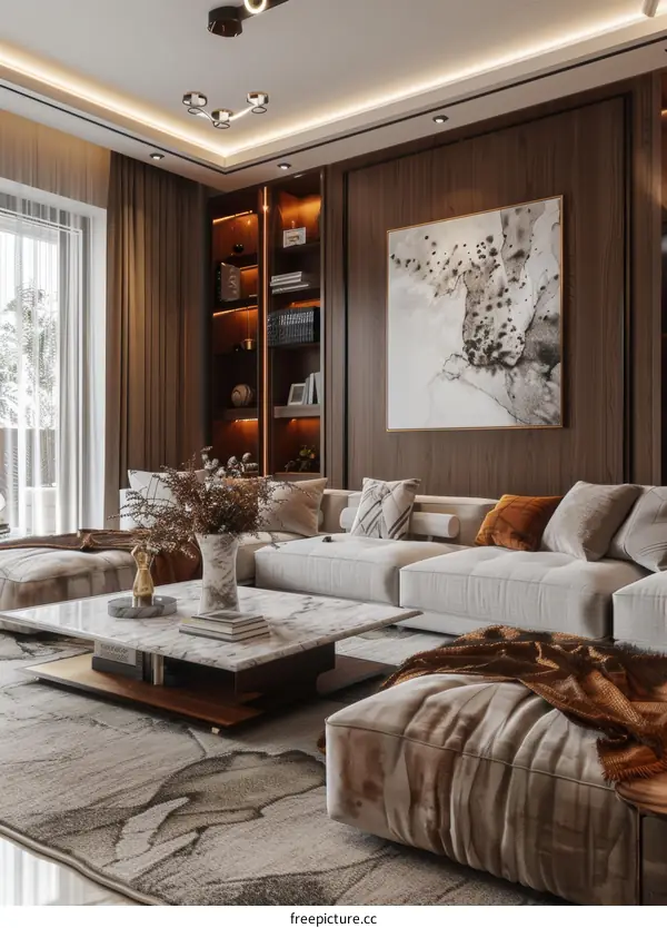 Modern Living Room Interior Design with Wooden Walls and a Large Abstract Painting