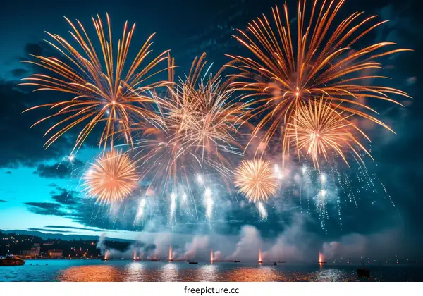 Fireworks light up the night sky over a lake