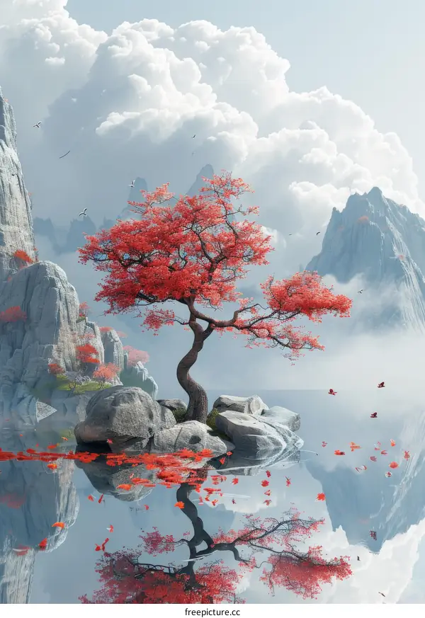 Solitude and Serenity: A Red Maple's Reflection in Still Waters